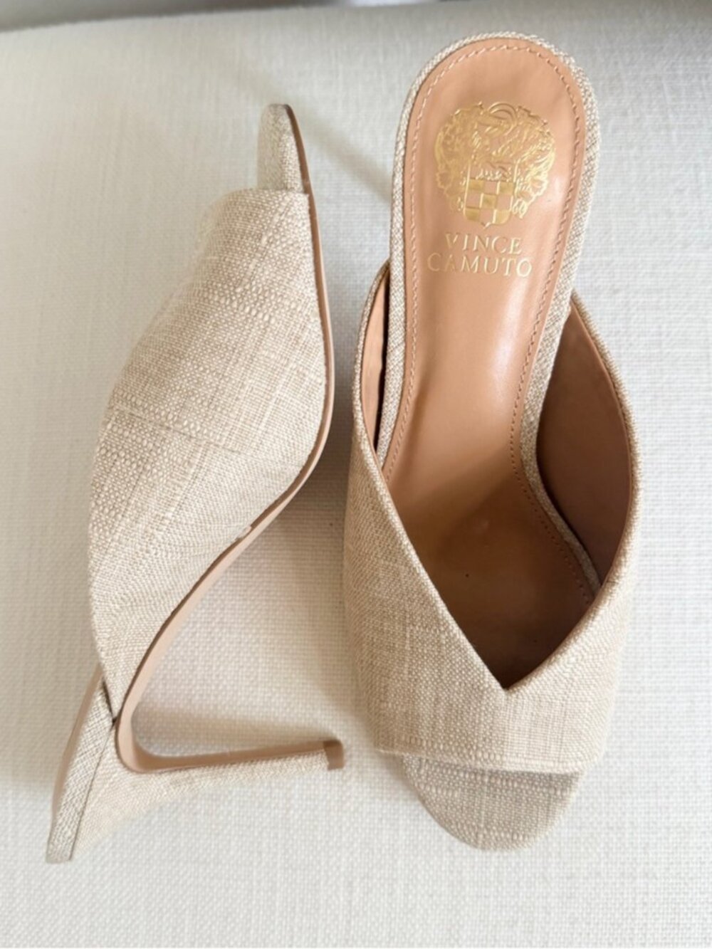 Vince Camuto Linen Mule Heels Neutral Beige Coastal Resort Slide Sandals NWT 8